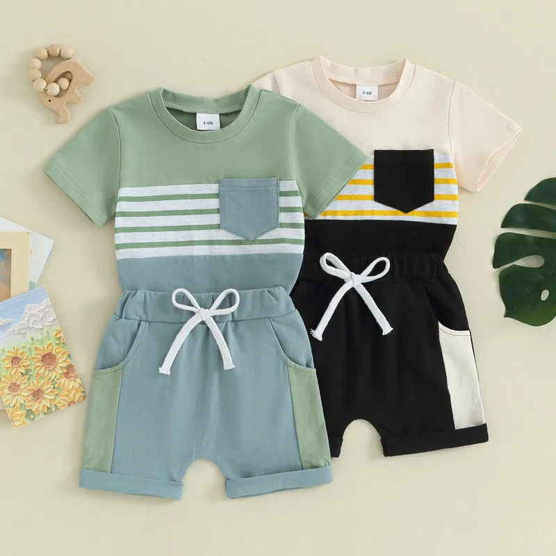 2Pcs Baby Boy Shorts Sets Summer Outfits Short Sleeve Striped Print Tops + Pocket Shorts Set Toddler Clothes