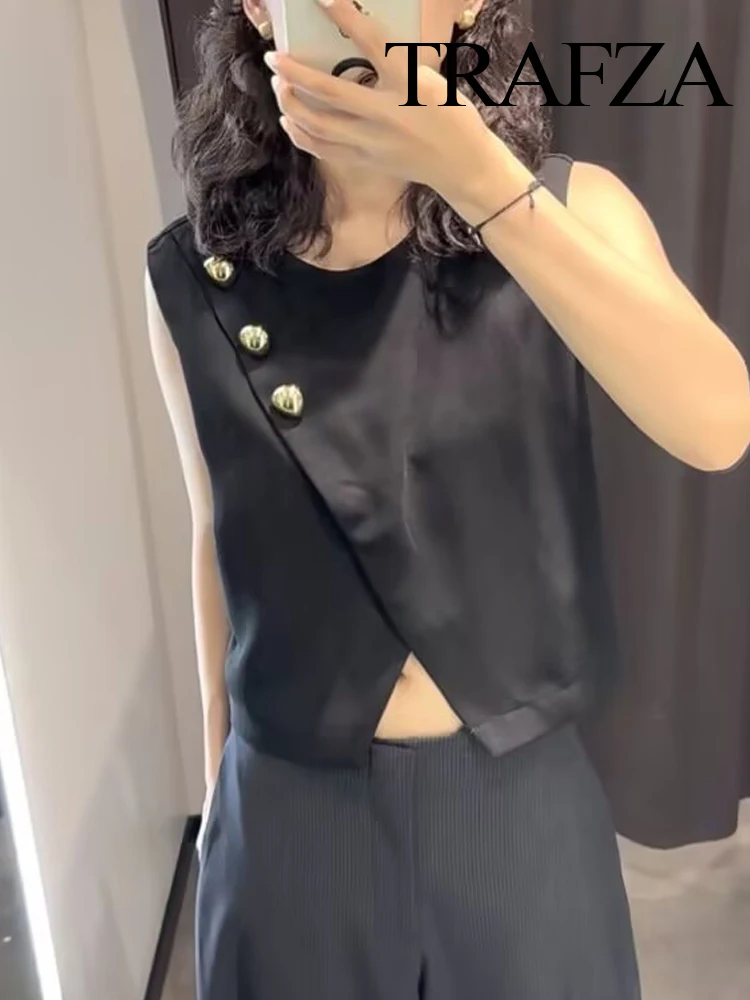 

TRAFZA Women's New Fashion Sleeveless Tops Black O-Neck Back Hollow Out Single-Breasted Female Summer Casual Chic Short Tops