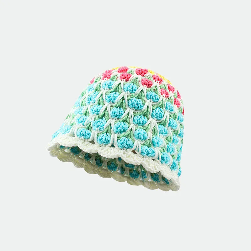 

Japanese Retro Crochet Striped Color Wool Basin Hat Women's Autumn Winter Sweet Handmade Lotus Leaf Edge Knitted Bucket Hat Tide