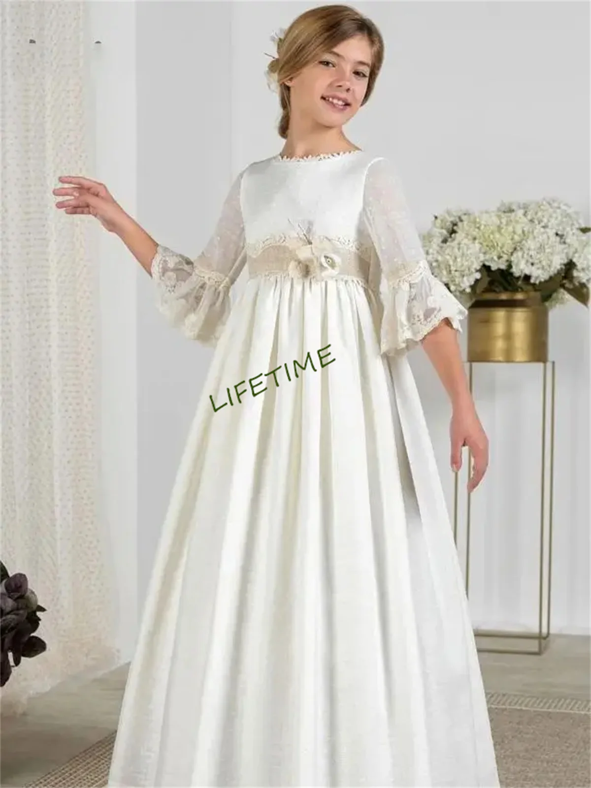 Holy Communion Dress Made with Satin Fabric Long Sleeves with Vintage-like Laces Bow and Covered Buttons for Closure