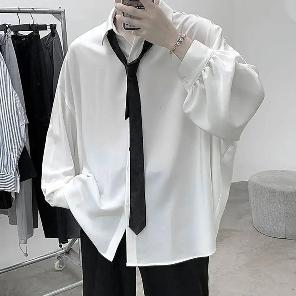 

Korean Style Men's Long-Sleeved Shirts Black Tie Cozy Casual Solid Oversize Blouses Breathable Loose Shirt Haruku Male Clothes