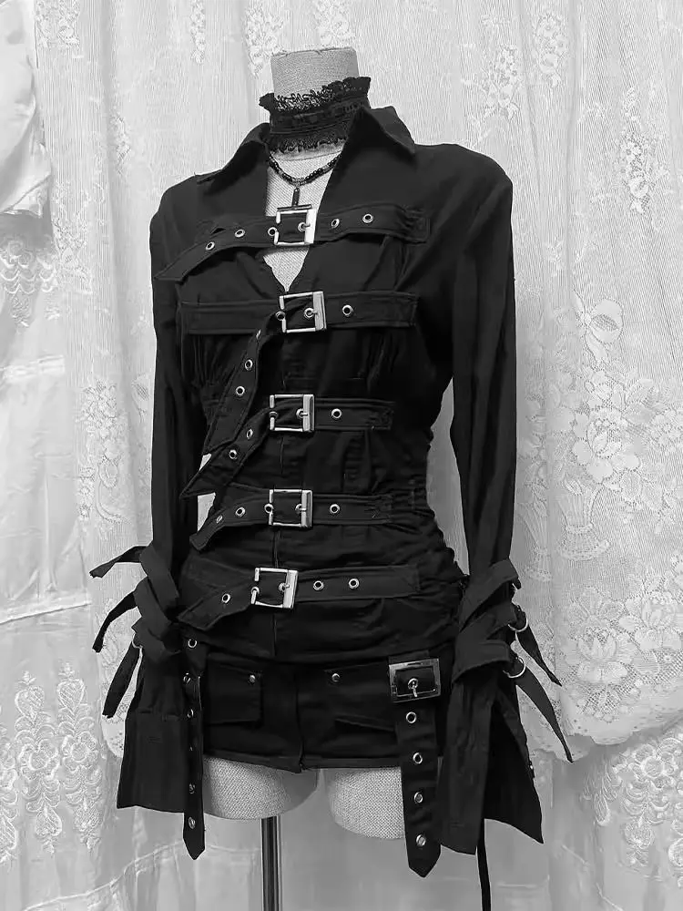 Koreanischer Gothic-Stil Langarm Schwarze Jacke Retro Bodycon Damen Streetwear Unregelmäßiges Stylisches Amerikanisches Oberteil Dunkel Vintage