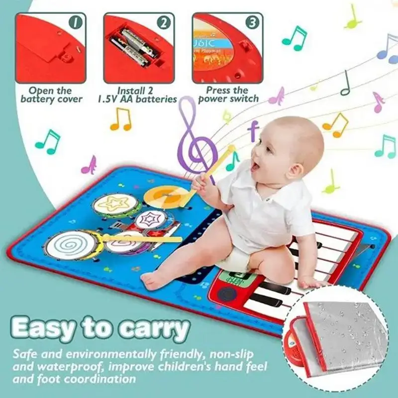 Kids Music Play Mat 2 In 1 Music Floor Blanket With Piano Keyboard And Drum Set Educational Sensory Toys Birthday Gift For Boys