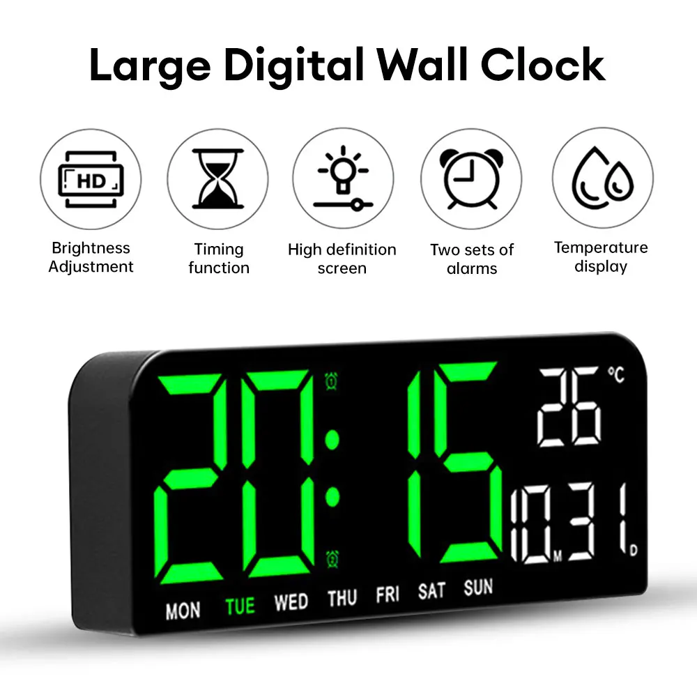 Large Digital Wall Clock Temp Date Week Display Remote Control Power Off Memory Table Clock Wall-mounted Dual Alarms LED Clocks