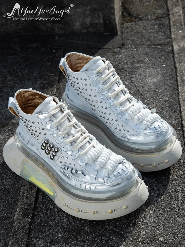 Women Fashion Rivets Comfortable Breathable Height Increase Shoes Genuine Leather Round Toe Lace Up Female Thick Platform Pumps