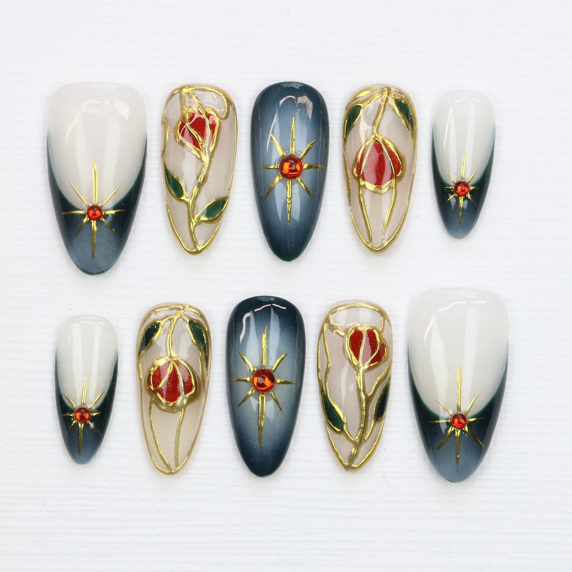10Pcs Luxury Stained Glass Press On Nails,Elegant Gold Shimmer Red Green Regal Stained Glass Tulips Flowers Rose Fake Nail Art,