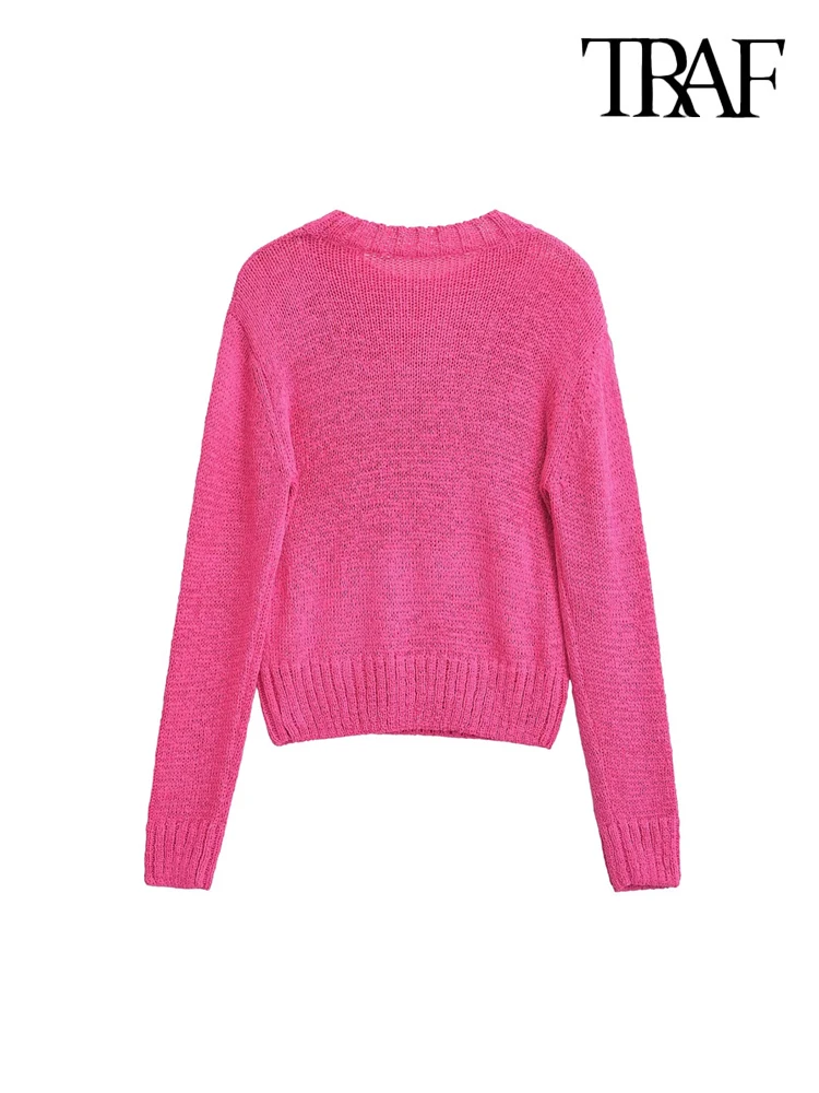 TRAF-Basic Knit Sweater for Women, O Neck, Long Sleeve, Female Pullovers, Chic Tops, Fashion