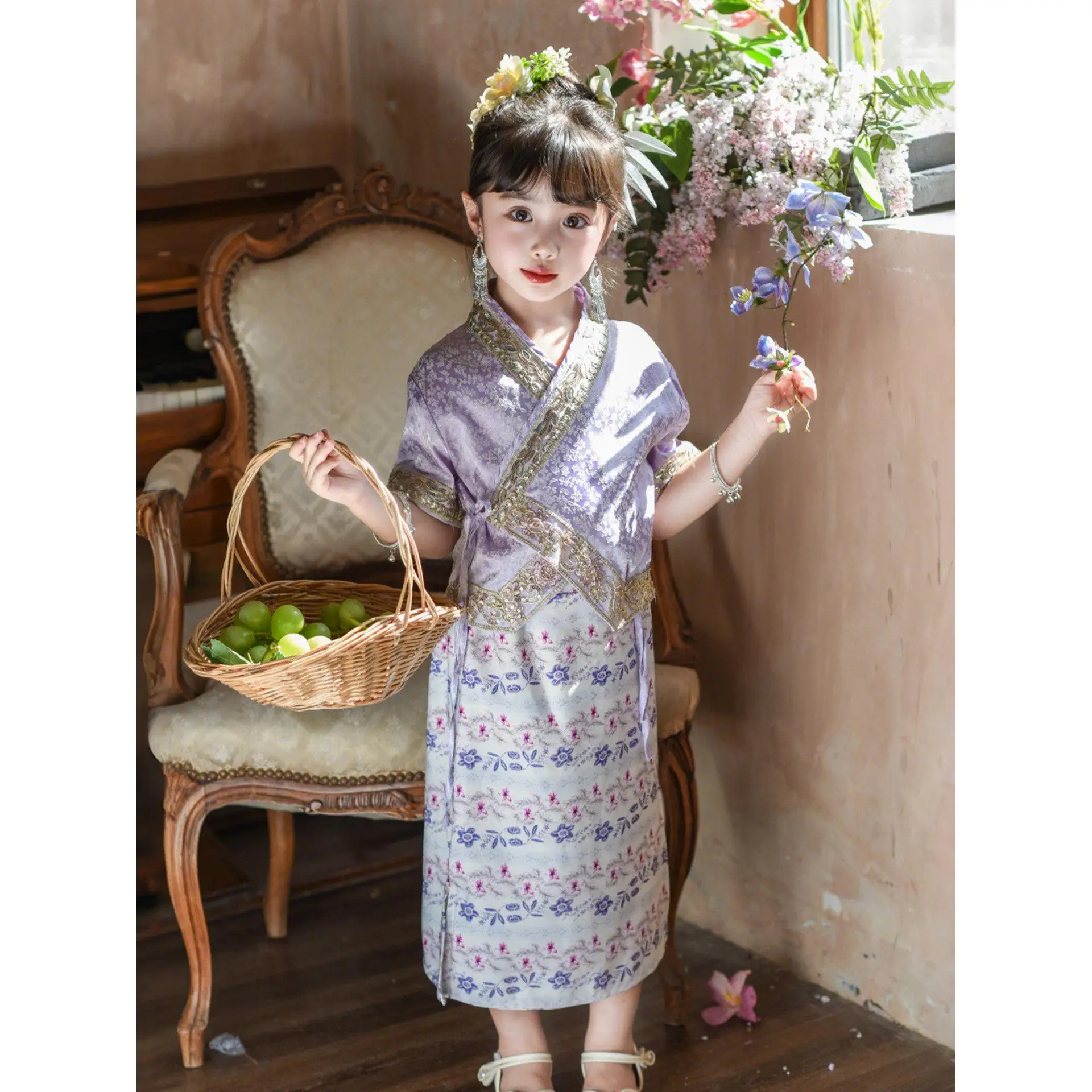 Vestido Tradicional Dai para Meninas, Traje de Performance Infantil, Saia Dai para Fotografia de Viagem, Vestido Estilo Tradi...