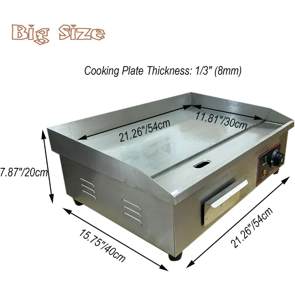 1600W 22" Extra Large Commercial Electric Countertop Griddle Grill, Flat Top Grill Indoor, Stainless Steel Restaurant Grill,