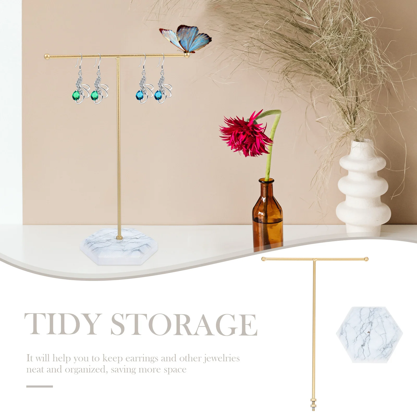 

Iron Art Jewelry Storage Rack Stable Marble Base Earring Stand Holder Organizer Display Rack Practical for Bedroom Bathroom