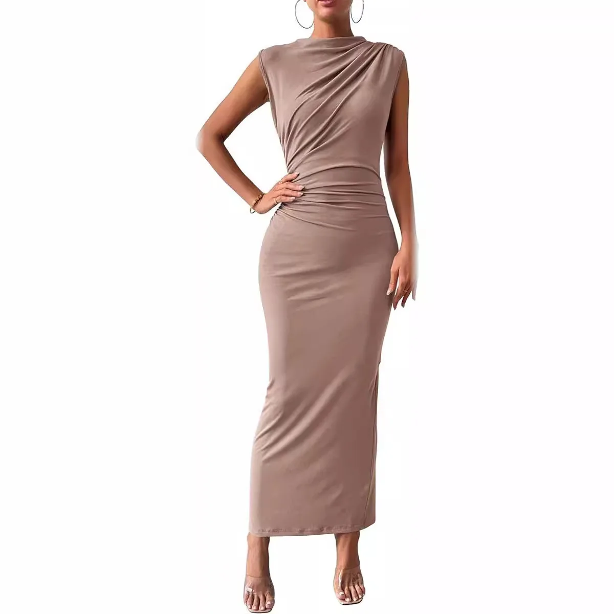 Cross-Border Spring Summer Women's Faion Svel Ba Split Pleated Tight Dr Clean Fit High Waist Linen Polyester Ble...