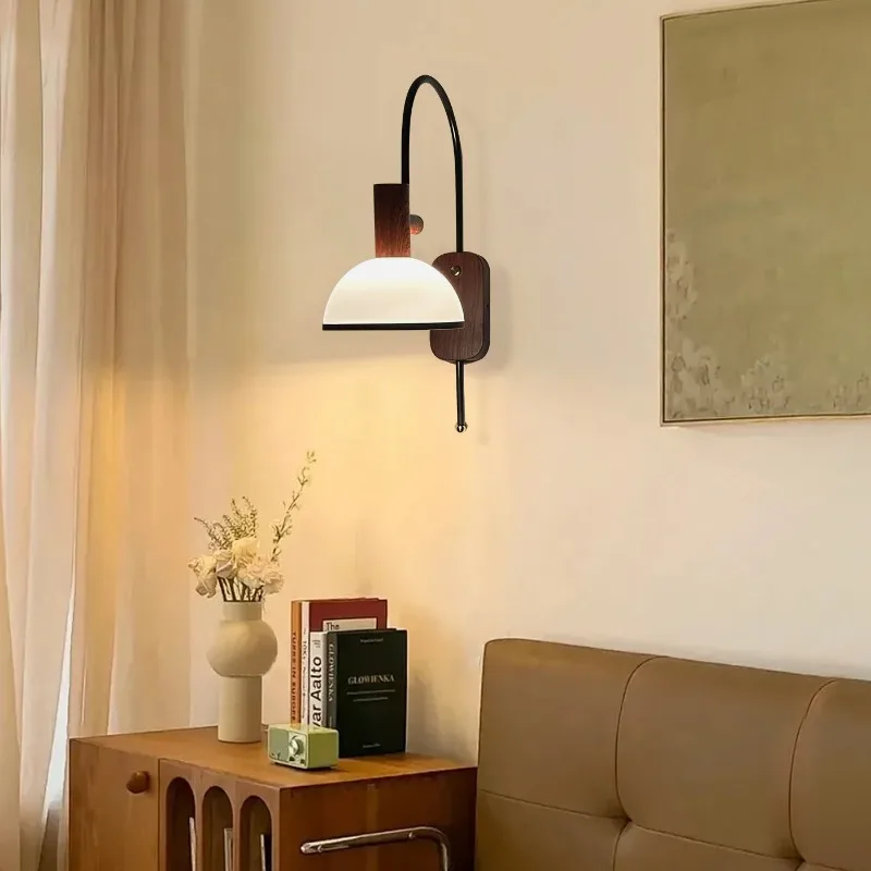 French Vintage Wood Grain Wrought Iron LED Wall Lamp Rotundity White Glass Light Living Room Bedroom Corridor Restaurant Sconces