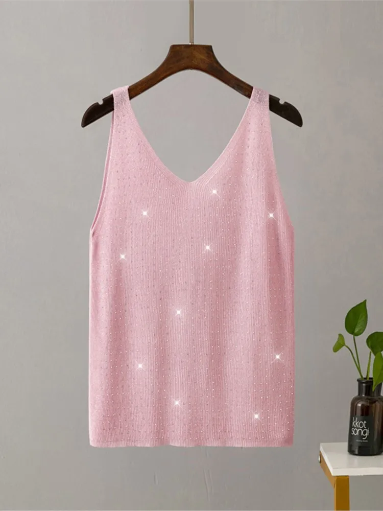 جديد الصيف محبوك بروتيل مع الماس الخامس الرقبة بلون سليم مثير سترة الموضة الملابس النسائية