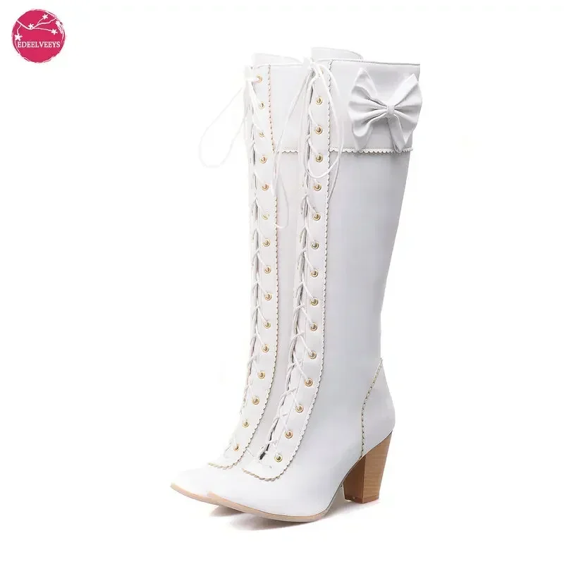 Free Shipping Women Lace Up Tall Knee Boots, Bow Accent Pointed Toe Wood Heel Sweet Lolita Fashion Footwear