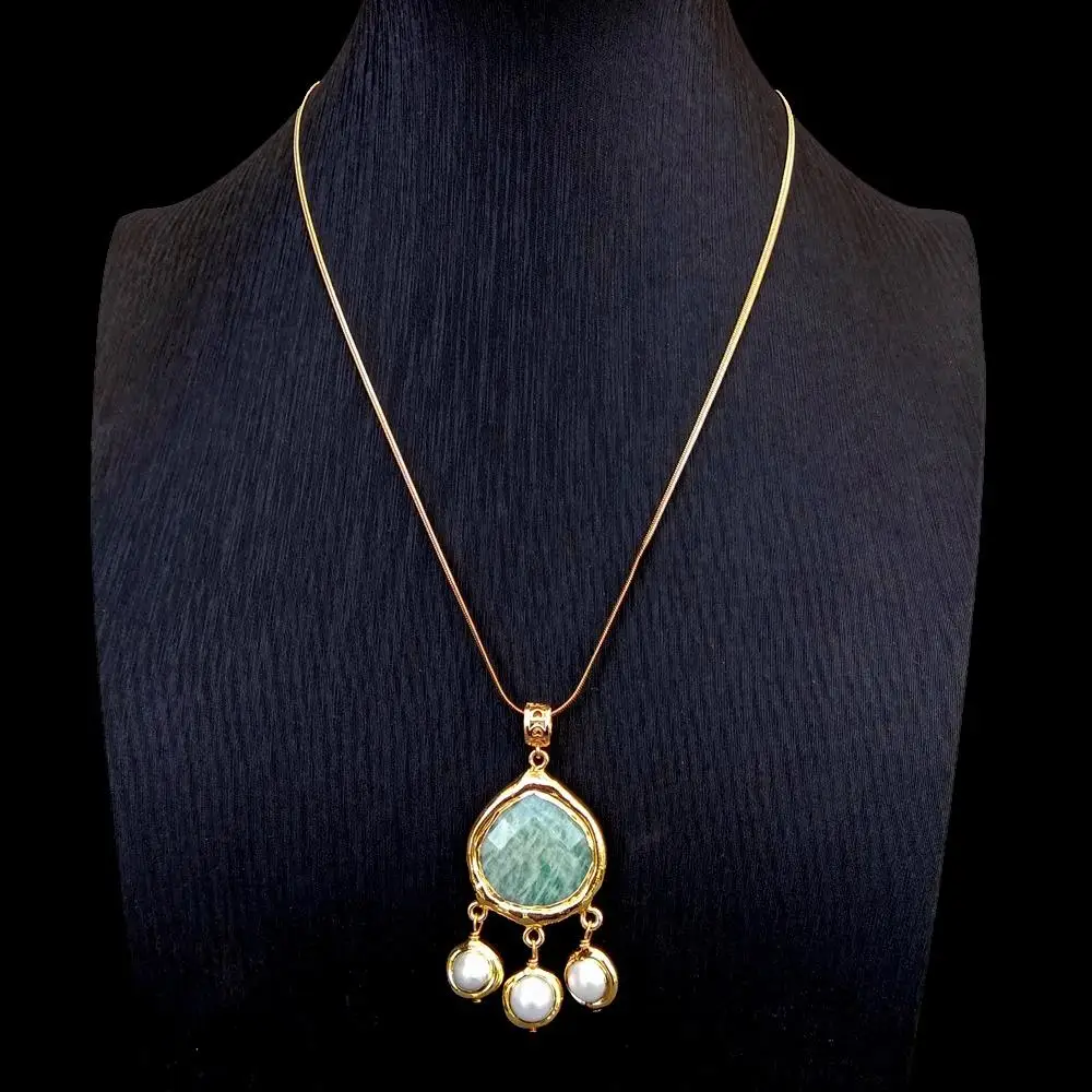 Y.YING Cultured White Pearl Amazonite Charm Pendant Necklace For Women Gold Color Metal Chain Choker New Jewelry