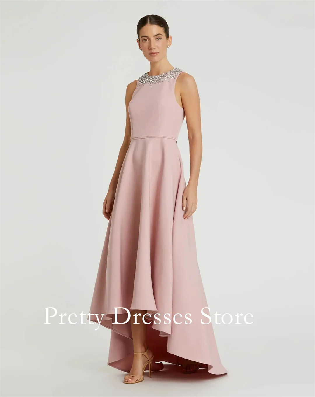 Blush Crepe Embellished Neck High Low Gown Evening Dresses Sleeveless Customized Party Prom Gowns Formal vestidos de fiesta