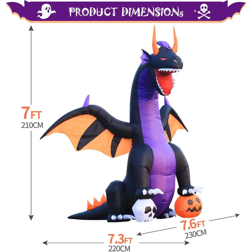 

Halloween Inflatable Blow Up Decorations, 7FT Dragon Steps on Pumpkin and Skull, Built-in LEDs for Holiday Party, Garden