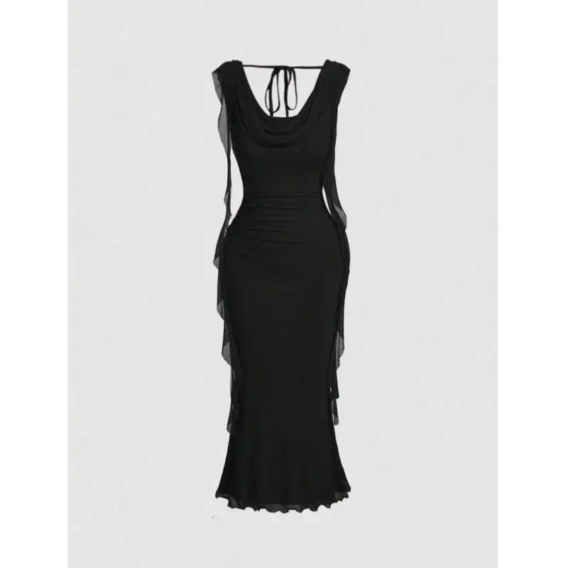 

Ele Bla Deep V-ne Midi Skirt 86247 Sle Draped Waist Hollow out Long Skirt for Men Casual Sportswear Autumn Seven-qu...