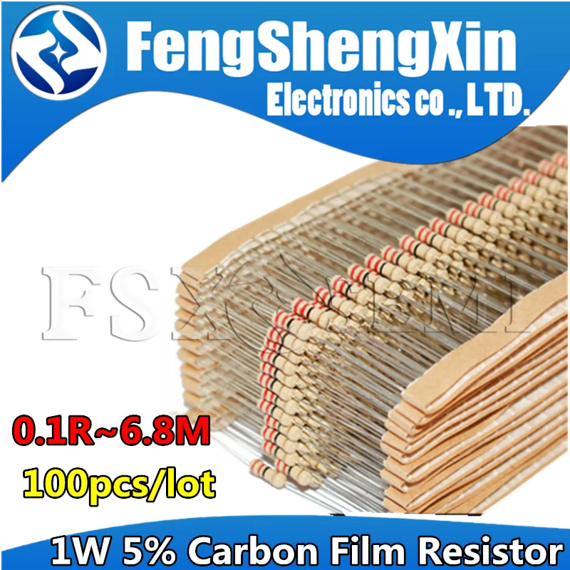 100pcs/lot 1W 5% Carbon Film Resistor 1R ~ 1M 2.2R 10R 22R 47R 51R 100R 150R 470R 1K 4.7K 10K 47K 1 2.2 10 22 47 51 100 150 470