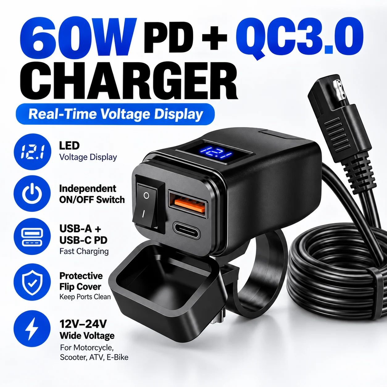 12V-24V Motorcycle PD 30W QC3.0 Charger, Dual USB Type-C Socket with Voltmeter & Switch, SAE USB Adapter, Motorcycle Accessories