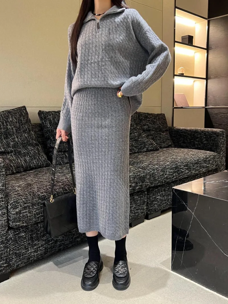 2024 Autumn/Winter Latest Women's Sweater Casual Lazy Woolen Knitted Half Zipper Collar Sweater+Hip Wrapping Half Skirt