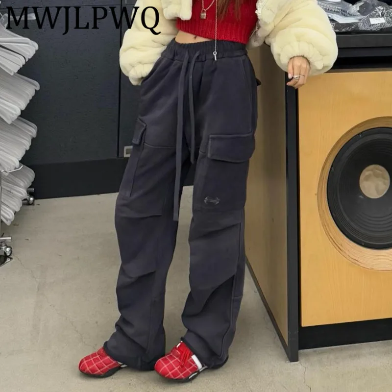 

MWJLPWQ Pleated Cut Hem Washed Double Pocket Cargo Sweatpants Male Distress Flared Unisex Casual Pants 2025 Autumn 21823