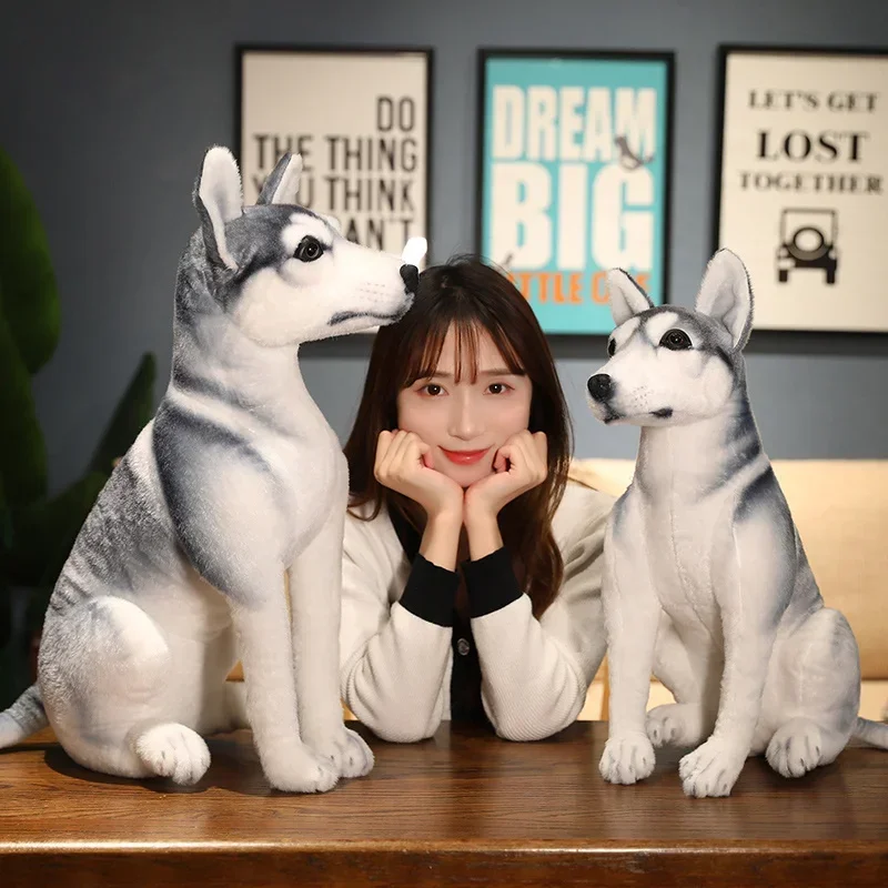 คุณภาพสูงสุนัขจําลองขนาดใหญ่ตุ๊กตาของเล่นตุ๊กตาเหมือนจริง Husky สุนัข Kawaii ตุ๊กตาตกแต่งบ้านการ์ตูนเด็กสาวของขวัญวันเกิด