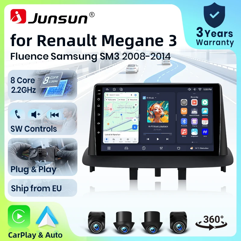 Autoradio Junsun 8 cœurs 4G WiFi pour Renault Megane 3 Fluence Samsung SM3 2008-2014, écran IPS, CarPlay, Android Auto, GPS, Navi, stéréo, SWC, BT, FM, AM, RDS, DSP, 2Din, Mirror Link, lecteur multimédia, commande vocale AI, caméra 360, mise à jour OTA en option, unité principale