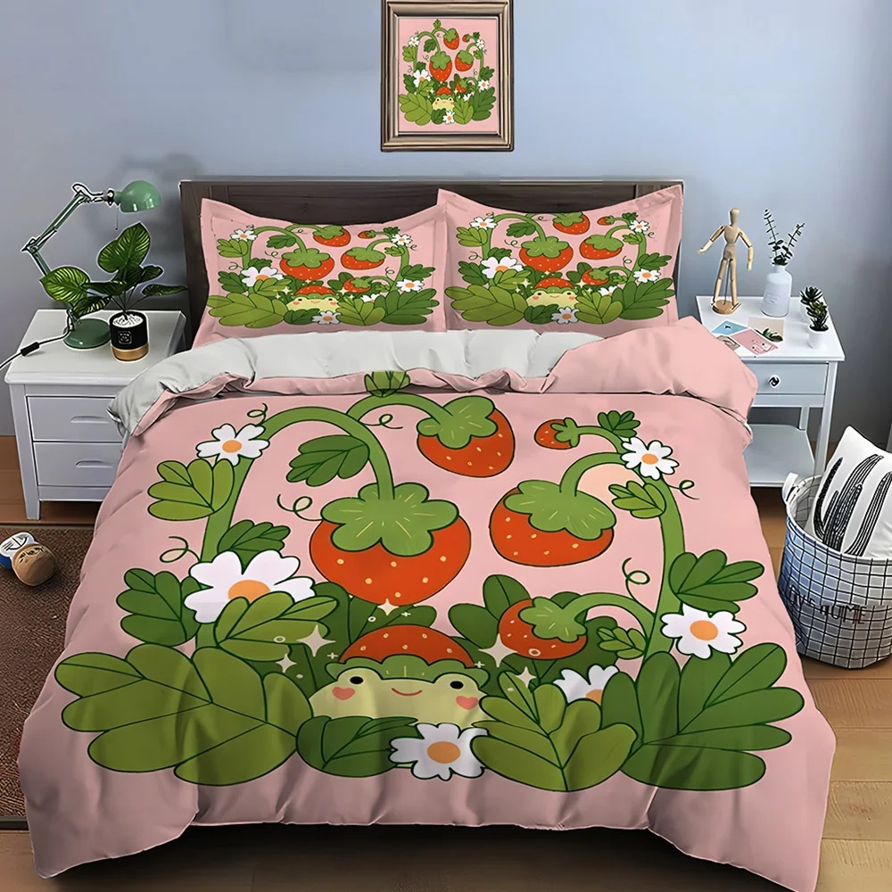 Strawberries cute cartoon frog Bedding Set for Kids Luxury Gift 3pcs Digital Print Comforter Set Soft Comfortable Breathable