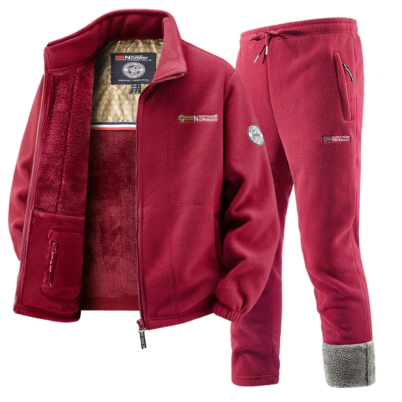 الشتاء الصوف مبطن ملابس رياضية مجموعة رجل الرجعية التدريب سميكة جاكيت من الصوف السراويل قطعتين مجموعة عارضة التزلج الجري رياضية البدلة