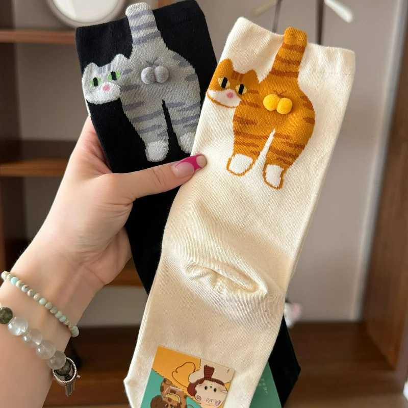 

2pairs Creative Cat Design Funny Socks for Women Mid Calf Length 3D Look Long Socks Halloween Christmas Birthday Gifts Choice