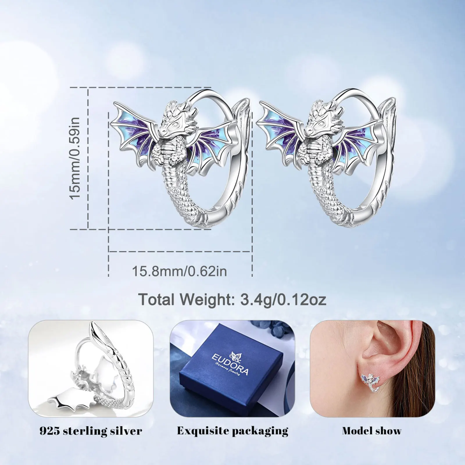 Eudora 925 Sterling Silver Flying Dragon Hoop Earrings for Women Men Flying Dragon Huggie Earrings Animal Jewelry Fine Gift