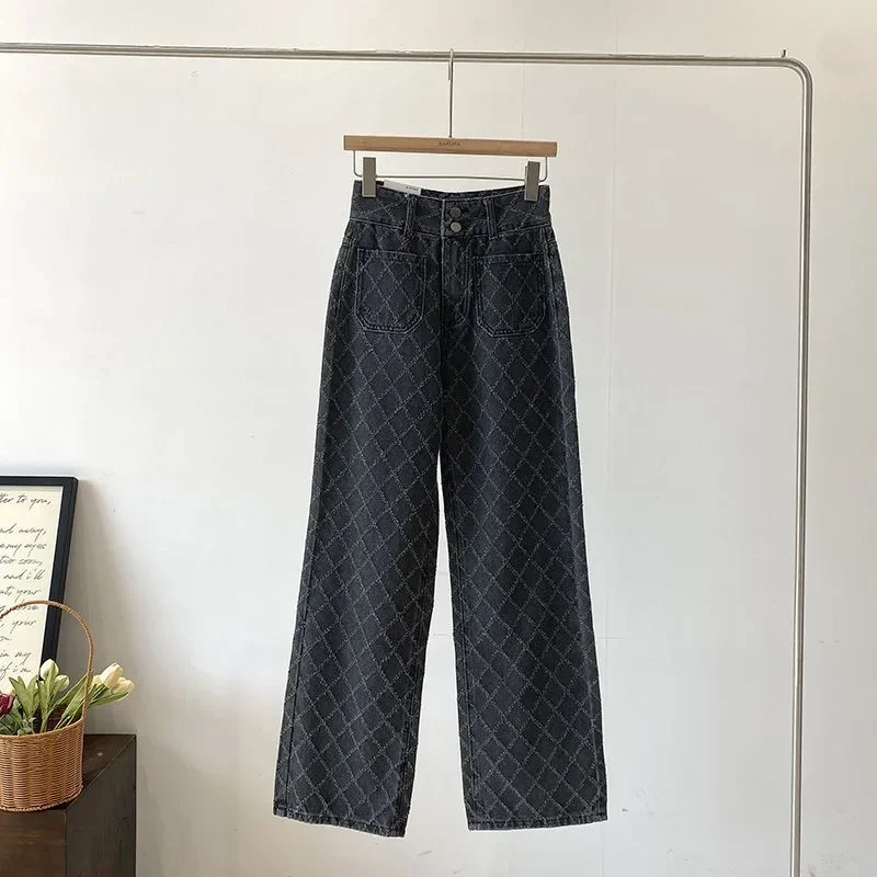 Jacquard met twee knopen, hoog getailleerde textuur, diamantrasterpatroon, veelzijdige afslankende broek met rechte pijpen, casual denimbroek met wijde pijpen