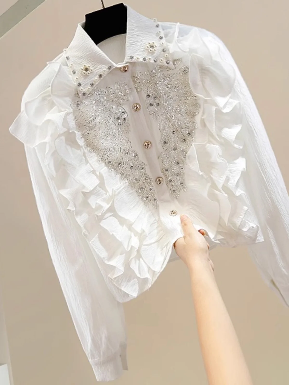 Fashionable Long Sleeve Diamond Embellished Slim Fit Shirt Handmade Beading Layered Lace Trim Splice Elegant Top Original Design