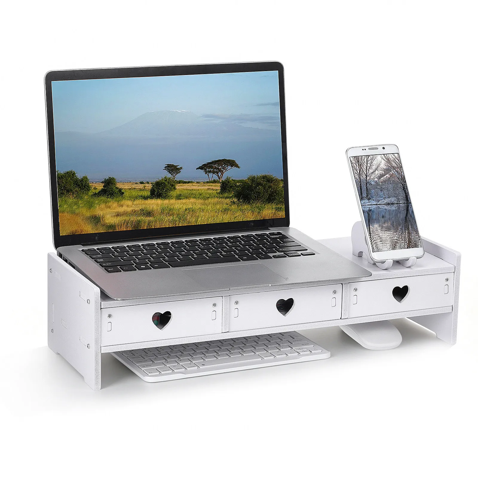 Computer Monitor Riser Desk Stand Keyboard Storage Drawer Rack Laptop Heightening Base PVC Wood Composite Desktop Organizer