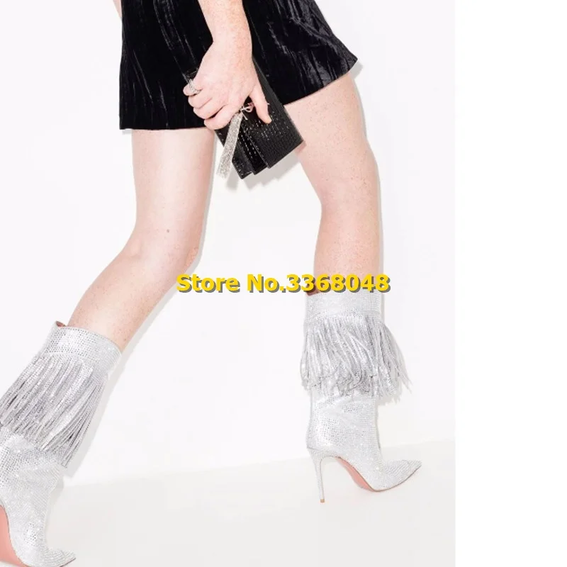 Tassel Crystal Women Boots Stiletto High Heel Sexy Pointed Toe Slip On Fashion Women Boots 2024 Silver Black Women Shoes