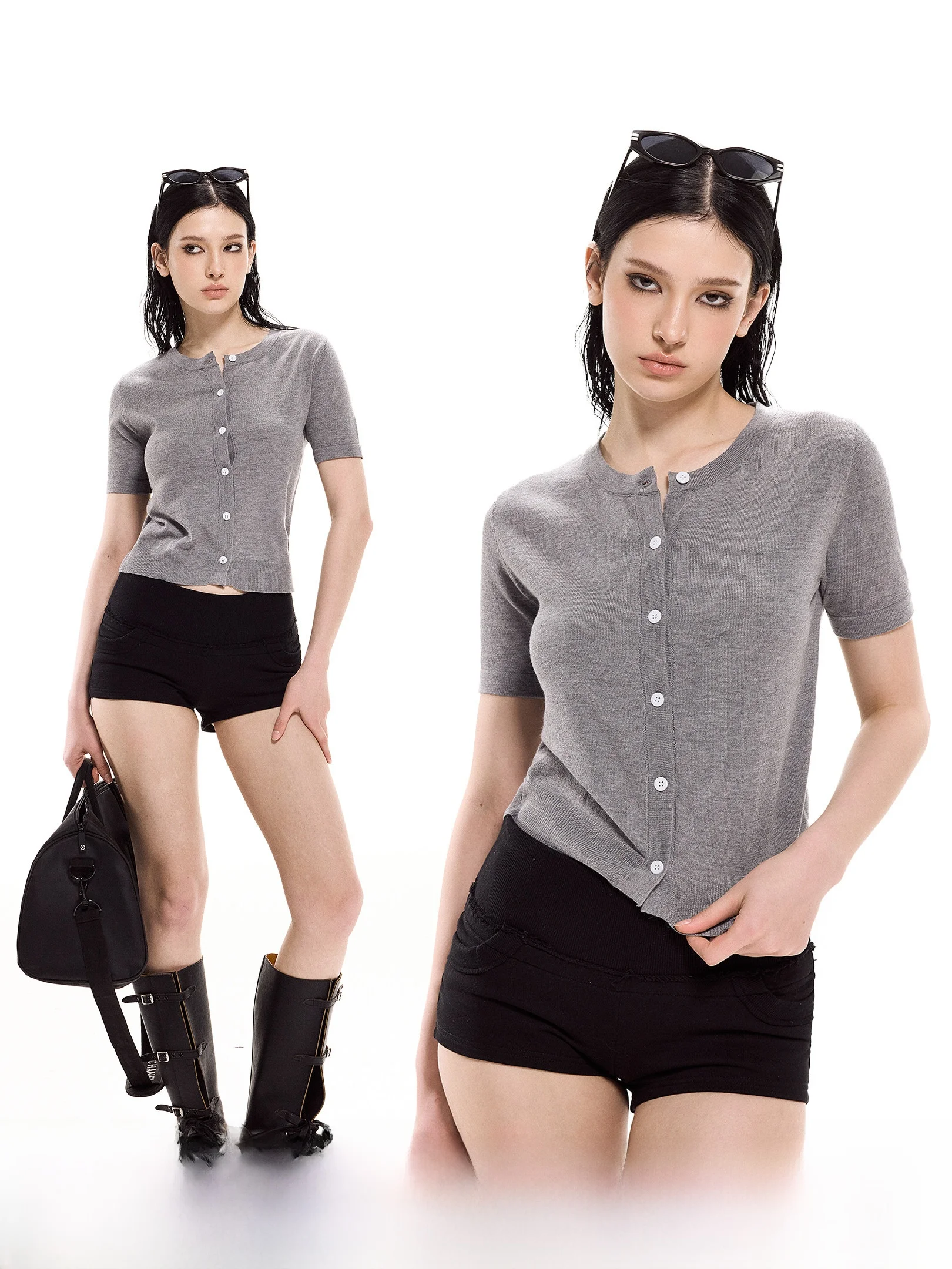 

Женский вязаный свитер Ich Mode American Style с коротким рукавом, винтажный приталенный топ, кардиган на пуговицах для весеннего сезона