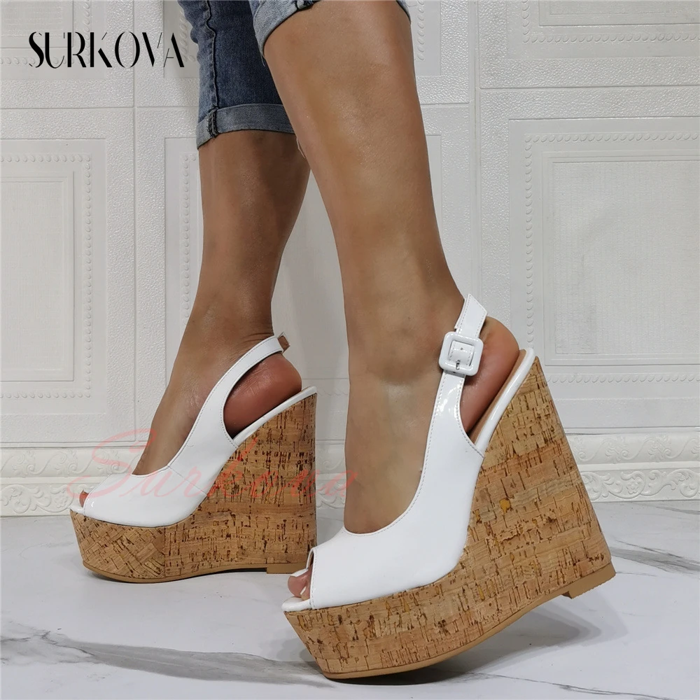 

Solid Color Pu Leather Back Strap Wedge Slides Ladies Fashion Open Toe Sandals Super High Heel Platform Summer Outdoor Slippers