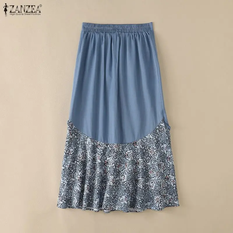 ZANZEA Women Denim-Like Maxi Skirts Asymmetrical Floral Patchwork A-Line Long Skirt 2026 Autumn Bohemian Vacation Faldas Mujer