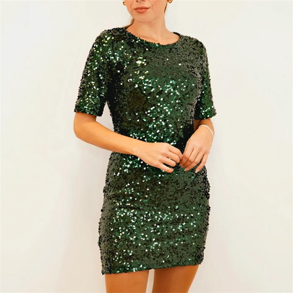 Shiyicey O-neck 2024 Sequin Mini Party Prom Dresses Sparkly Short Sleeve Homecoming  Dresses Tight Cocktail Dress Wedding Guest