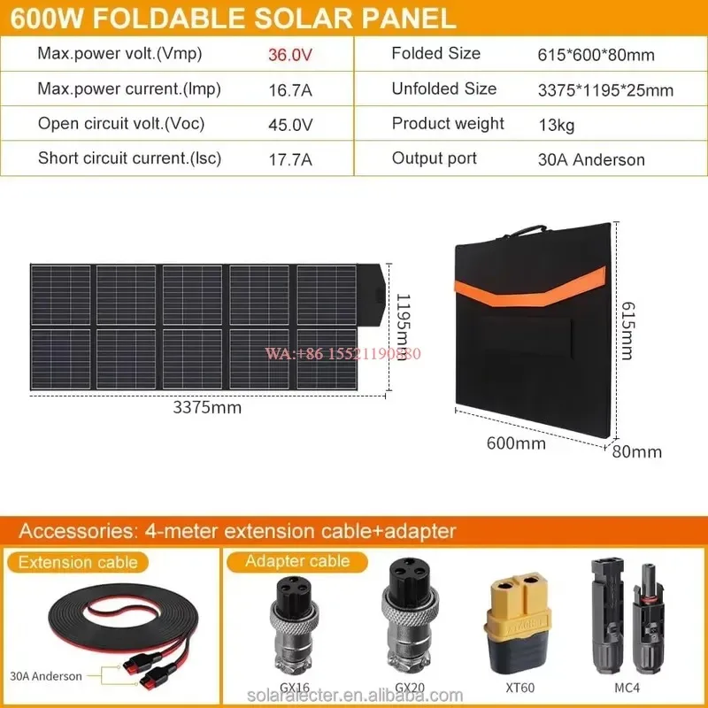 wmwmnu 600W Portable Foldable Solar Panel 26 Percent High Efficiency P Type Solar Charger for Power Station 10 Fold Design