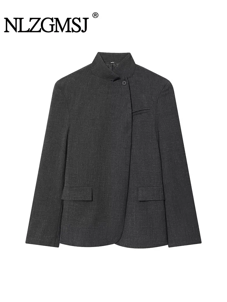 

NLZGMSJ большой блейзер для женщин с длинным рукавом, воротником-стойкой и карманами, стеганая куртка, модная верхняя одежда для офисных леди