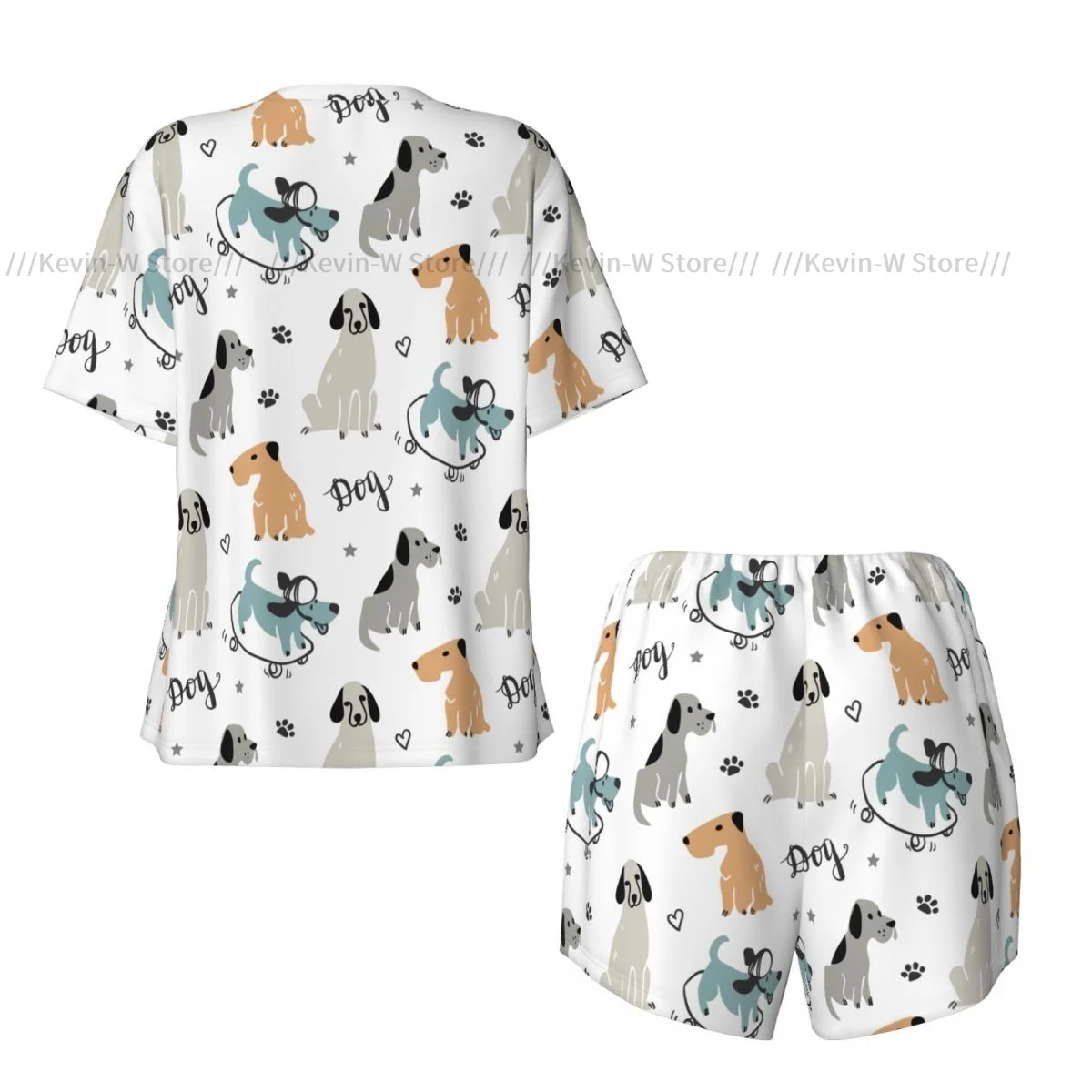 Women Pajamas Homewear Set Hand Drawn Dogs Pattern Short-Sleeved Two-Piece Set Girl Nightwear Loungewear Sleepwear