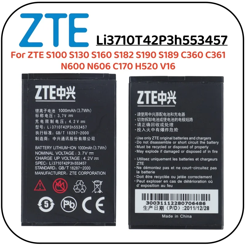 Batería Original de Alta Calidad de 1000 mAh Li3710T42P3h553457 para ZTE S100 S130 S160 S182 S190 S189 C360 C361 N600 N606 C170 H520 V16