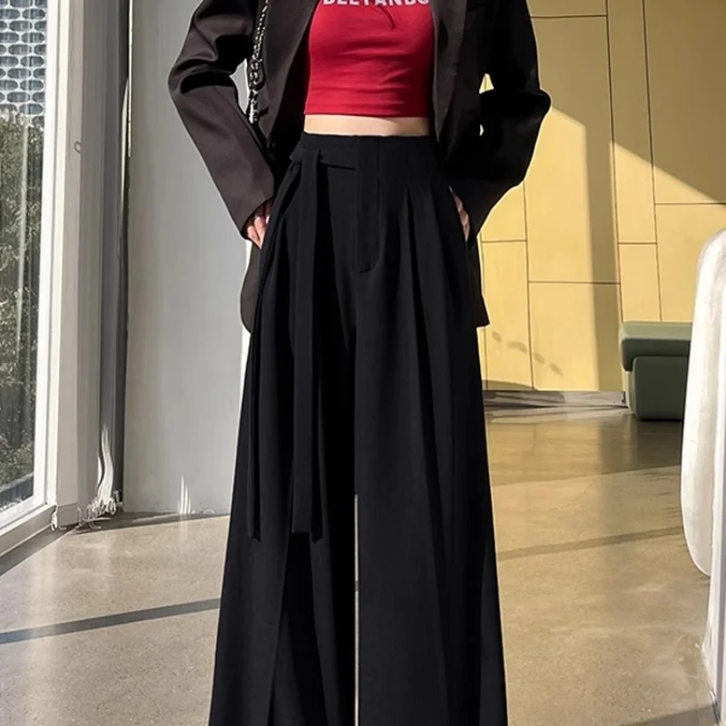 

Женские брюки Bla с высокой талией и широкими штанинами, новинка ранней весны 2026, маленький размер, свободные, струящиеся, в пол, костюмные, с поясом, прямые