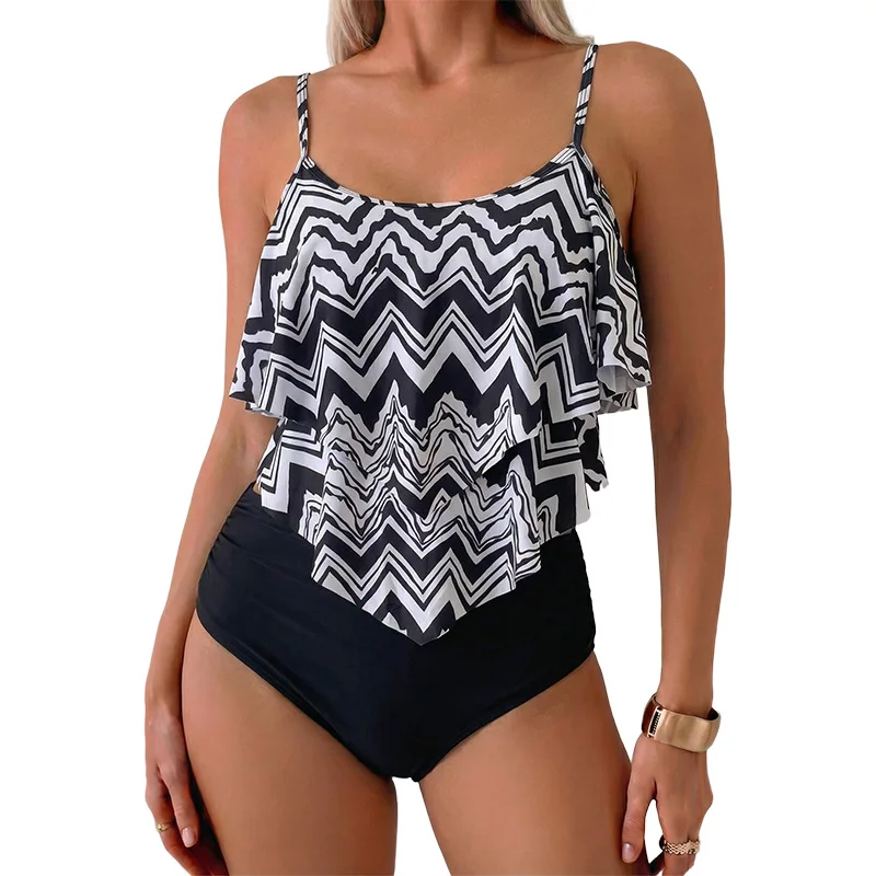2026 New European Style Ruffled High Waist Tummy Control Slim Two Piece Bikini Swimwear For Women view 4