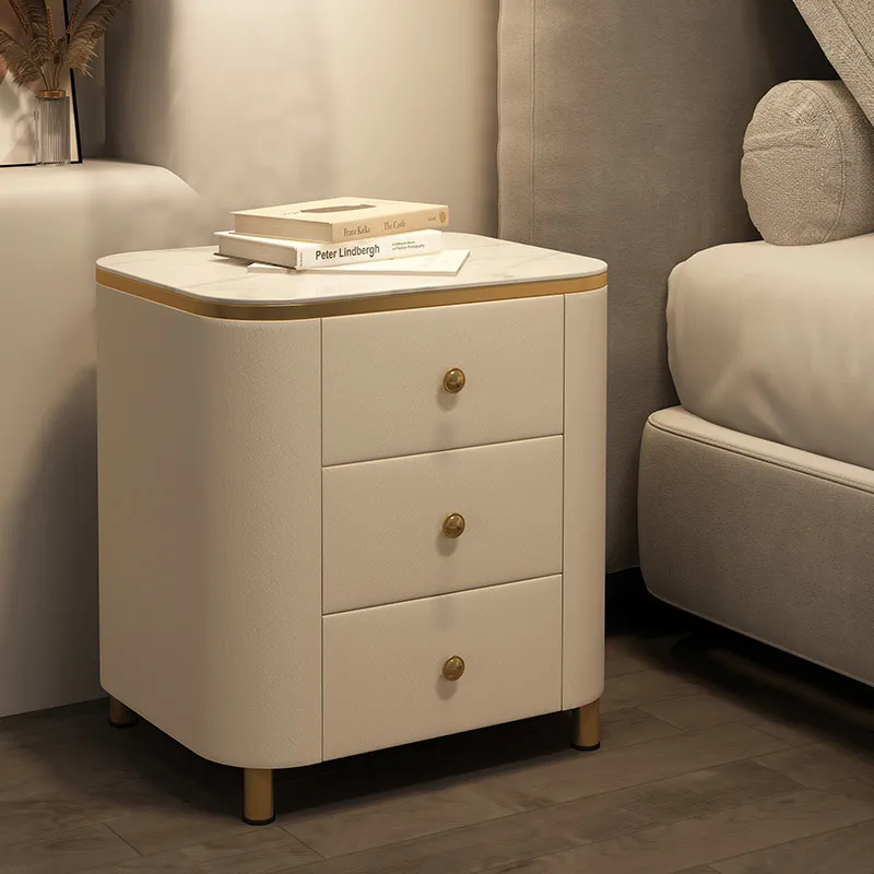 Solid wood rock slab bedside table Light luxury bedroom Simple modern high-end Italian minimalist cream wind three pumping chest