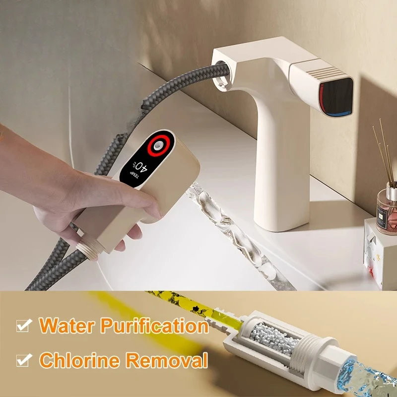 Rubinetti da bagno purificati Rubinetto con filtro dell'acqua estraibile Miscelatore per lavabo bianco Rubinetto per lavabo Display gourmet Rubinetteria in ottone Gru