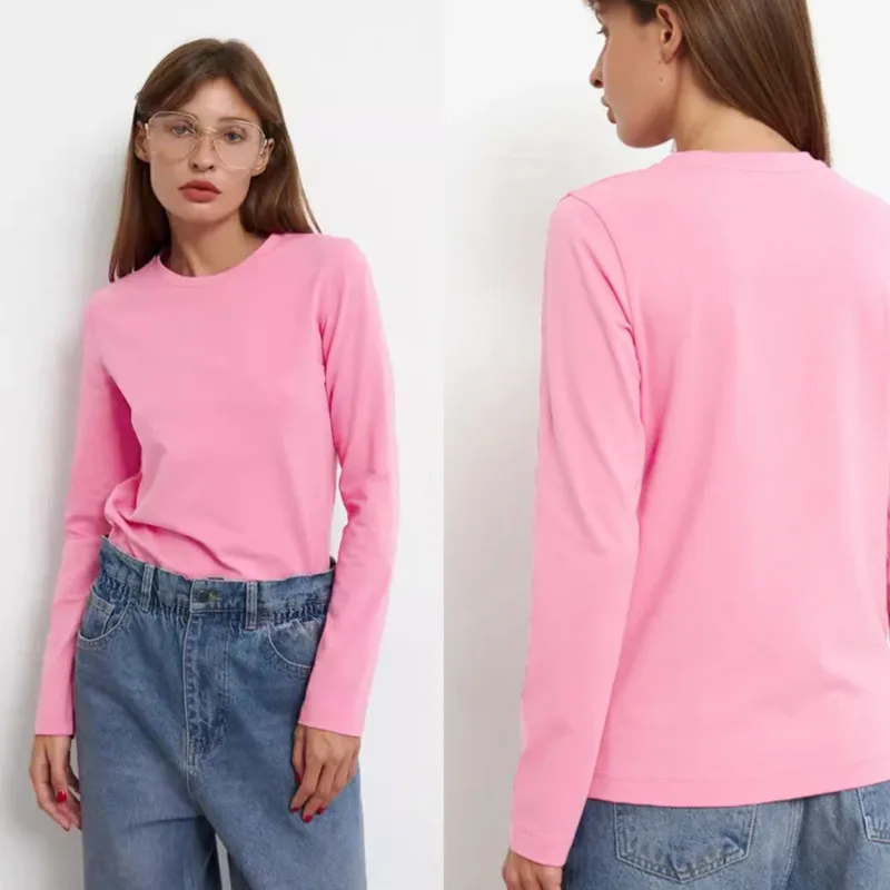 

O Neck Long Sleeved T-shirt For Women 2024 Spring Casual Solid Color Pullover Fashionable And Versatile Loose Fitting Sports Top