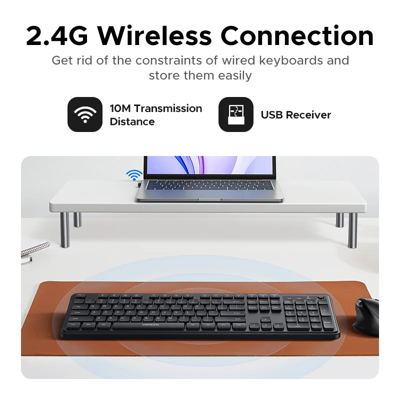 لوحة مفاتيح UGREEN اللاسلكية 2.4G 104 مفاتيح رفيعة للغاية بتصميم US RU لوحة مفاتيح لاسلكية سوداء للكمبيوتر المحمول وسطح المكتب